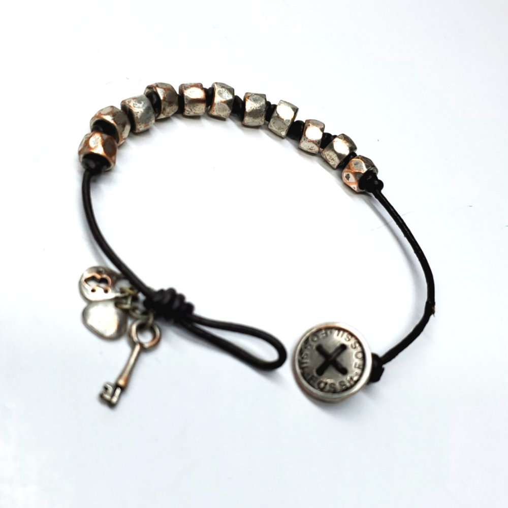 Fossil Brown Leather Cord and Silver Toned Beaded Bracelet - Picture 5 of 8